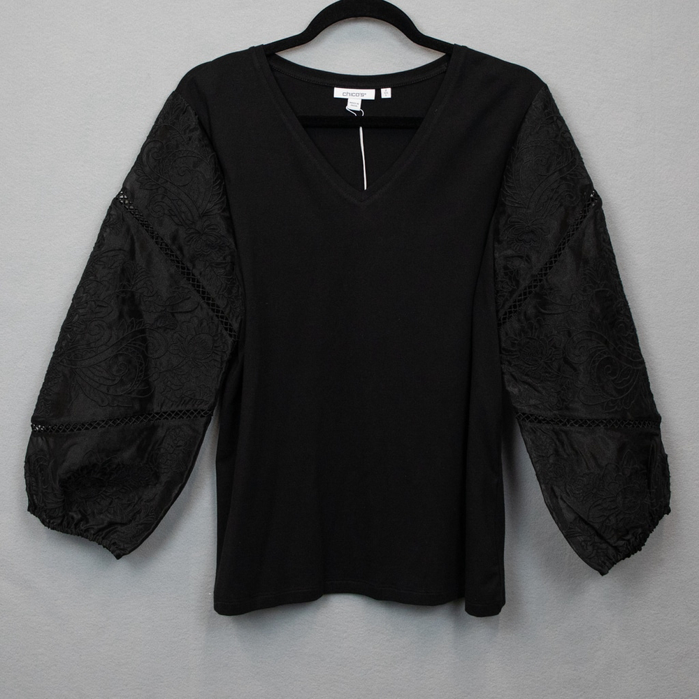 Chico's black embroidered puffy long sleeves shirt NWT-2